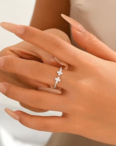 925 Sterling Silver Dainty Gold Cross Stackable Ring for Women Mom Daughter - color: Silver