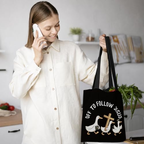 Chicimln Christian Goose Tote Bag, off to Praise the Lord Bible Verse Canvas Tote Bags - color: Black 03