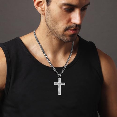 HZMAN Cross Necklace for Men Stainless Steel Cross with Cubic Zirconia Inlay Pendant Necklace with 7mm Cuban Chain 24In - color: Silver