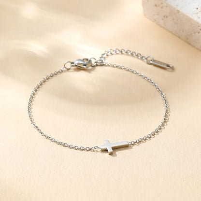 18K Gold Plated Pearl Beaded Cross Bracelets for Women Adjustable - color: Tiny Cross-White Gold