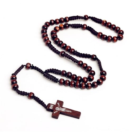 Natural Wood Beaded Cross Rosary Necklace Boho Handmade 8MM Wooden Beads with Jesus Cross Lightweight Rope Necklace for Men Women Religious Christian Prayer Fashion Jewelry Gifts - color: Brown