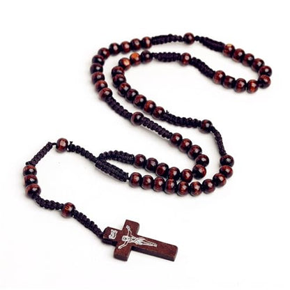Natural Wood Beaded Cross Rosary Necklace Boho Handmade 8MM Wooden Beads with Jesus Cross Lightweight Rope Necklace for Men Women Religious Christian Prayer Fashion Jewelry Gifts - color: Brown