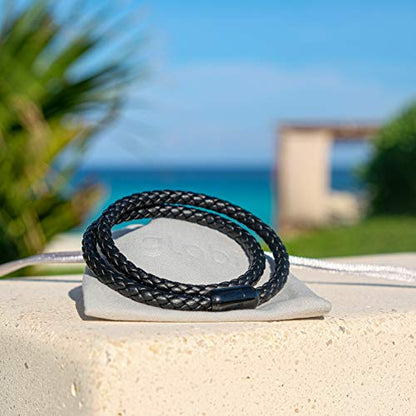 globi Leather Bracelet For Men | Genuine Wrap Braided Leather Cuff Bangle Bracelet with Magnetic Stainless Steel Clasp For Men/Women - color: Black