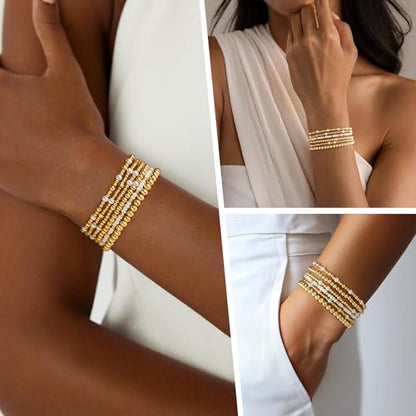 Turandoss 5PCS Gold Beaded Bracelets for Women Teen Girls, 14K Gold Plated - color: 6PCS White Seed Beaded Bracelets