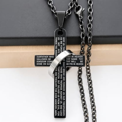 Lord's Prayer Engraved Cross Pendant Necklace with Ring Stainless Steel Religious Jewelry for Men and Women, Faith-Inspired Gift - color: Black