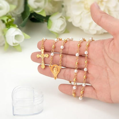 ROCEEI Catholic Rosary Necklace with Crucifix 4mm Beads - color: Gold