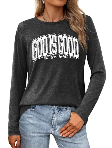 Christian Shirts for Women: Faith Over Fear T Shirt Religious Graphic Tee Bibel Verse Long Sleeve Tops - color: Grey2, size: Medium