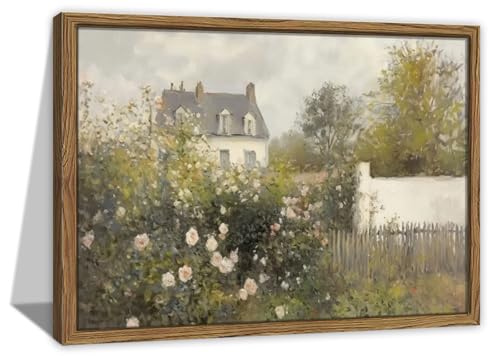 Framed Vintage Wall Art, French Country Rose Garden Pictures Wall Decor Paintings Rustic Country Spring Landscape Canvas Print Aesthetic Home Decor for Living Room Bedroom Bathroom-16×24in - color: Country House, size: 24"L x 16"W