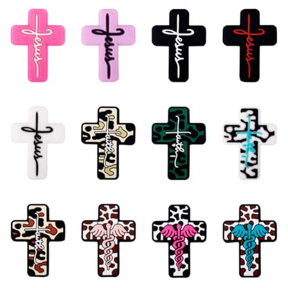 Beadthoven 12Pcs 12 Styles Cross Silicone Focal Beads Word Jesus Cow Leopard Printed Silicone Beads Cute Cross Shaped Charm Spacers for Pens Keychain Jewelry Making DIY Supplies Crafting - color: Jesus Cross 12 Styles