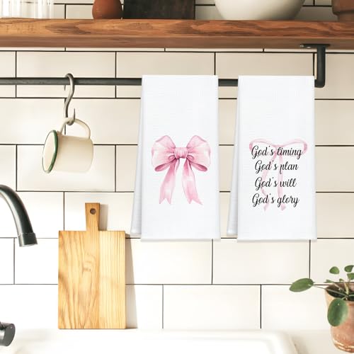 Christian Kitchen Towels Set of 2, Waffle Weave Hand Towels with Bible Verse and Pink Bow,Inspirational Decorative Dish Towels for Kitchen & Bathroom, Faith Gift for Women and Friends 16x24 Inch