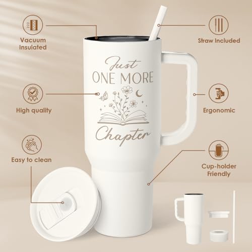 SANDJEST Book Lover Gifts for Women, Just One More Chapter Tumbler with Handle, Stainless Steel Insulated Coffee Travel Mug Cup, Gifts for Women Girls Bookworm on Christmas Birthday, 40oz - color: Book Lover