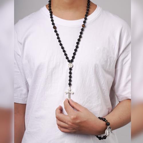 Rosary for Men Women, Natural Stone Beads with St. Benedict Bracelet - color: Lava Rocks