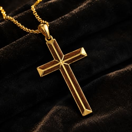 14K Gold Plated Wood Cross Necklace for Men Christian Pendant Jewelry - color: A03-Cross