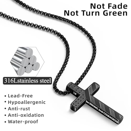 Romass Cross Necklace for Men Boys - 316L Stainless Steel Bible Verse Religious Pendant, Christian Jewelry Gifts for Son Husband, Graduation Gifts, Adjustable 22+2 inch Chain - color: Silver+Black, style: 2Pcs 1:9