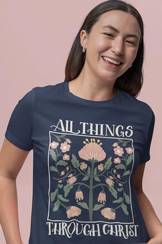 Christian Shirts for Women, Bible Verse Scripture, Jesus Faith Graphic Tee - color: Philippians 4:13 Floral - Navy, size: X-Large