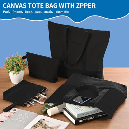 2-Pack Canvas Tote Bags and Makeup Bags, Cotton Zipper Bag, All Black - color: All Black