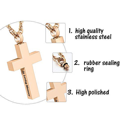 Cremation Cross Necklace for Ashes Stainless Steel Cross Urn Necklace Ashes Holder Memorial Jewelry-In Loving Memory - color: Rose-Gold, style: Non-customize