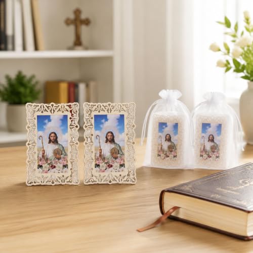 12 Sets Catholic Saint Joseph Picture Frames with Gift Bags, Baptism Favors for Guests, Openwork Carving Prayer Wooden Tablets, First Communion Favors Catholic Gifts Bulk, Recuerdos de Bautizo