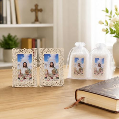 12 Sets Catholic Saint Joseph Picture Frames with Gift Bags, Baptism Favors for Guests, Openwork Carving Prayer Wooden Tablets, First Communion Favors Catholic Gifts Bulk, Recuerdos de Bautizo