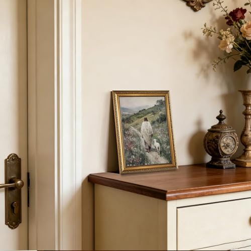 Gold Framed Jesus Shepherd Wall Art Jesus Leaves the 99 Sheep 12x16in - color: Gold Framed-06, size: 16"L x 12"W
