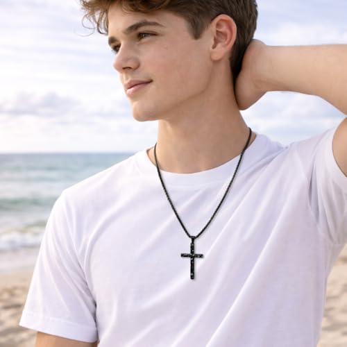 Hammered Stainless Steel Cross Necklace for Men Rustic Christian Faith Jewelry Gift Gold Black Silver Cross Chain for Teens Son Gift 16-24Inches - color: BLACK, size: 16INCH