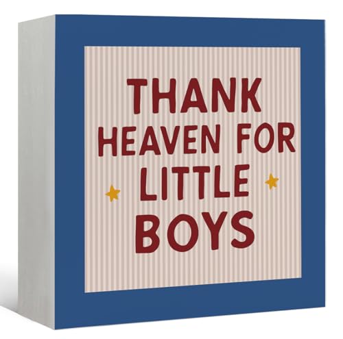Boy Nursery Decor Wooden Box Sign, Vintage Thank Heaven for Little Boys Wood Block Signs Decorations, Boys Room Wood Box Signs for Kids Boy Bedroom Playroom Desk Shelf Tabletop Decor 5x5 - color: Thank Heaven for Little Boys-red blue-5x5