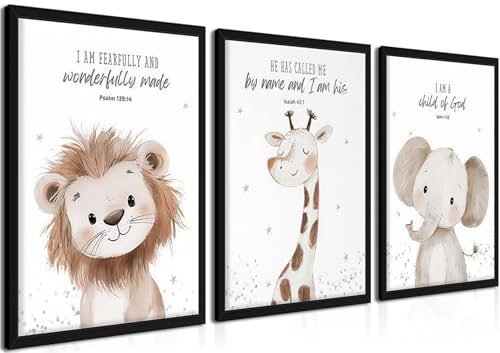 Framed Nursery Wall Art Set of 3, Kids Bible Verse Animal Canvas Wall Decor Paintings, Cute Safari Christian Pictures Posters Prints for Boys Room Bedroom Playroom Decor 12x16 Inch - color: Biblical Animals, size: 16L" x 12W"