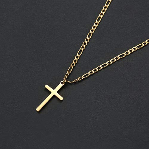 Joxevyia 14K Gold Filled Cross Necklace for Men Figaro Chain Stainless Steel Polished Cross Pendant Necklace Simple Baptism Faith Jewelry Gift - size: 16 inches, style: Big cross pendant(1.2"*0.7")