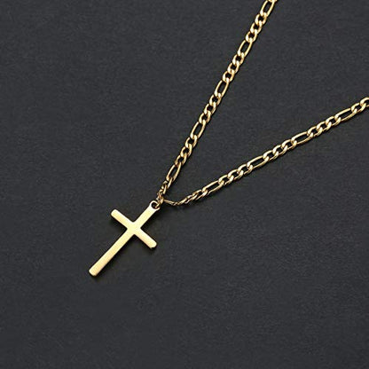 Joxevyia 14K Gold Filled Cross Necklace for Men Figaro Chain Stainless Steel Polished Cross Pendant Necklace Simple Baptism Faith Jewelry Gift - size: 16 inches, style: Big cross pendant(1.2"*0.7")