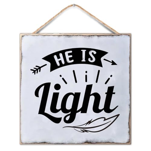 He Is Light Wood Plaque Funny Bible Verse Hanging Wooden Sign Rustic Custom Sign Living Room Farmhouse Front Door Entryway 12x12 Inch Christian Religious Gifts - color: Wooden Color-style-7