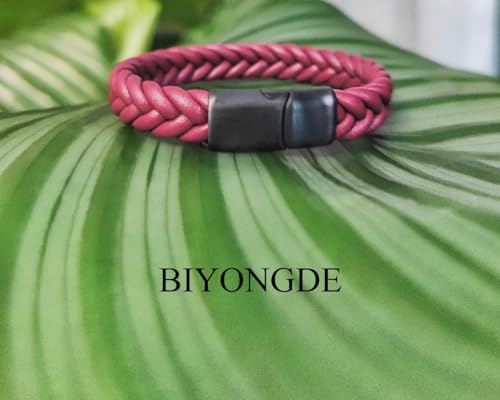 Handmade Braided Leather Bracelet, Black Stainless Steel Clasp, Mens, Cool Classic Stylish - color: Burgundy