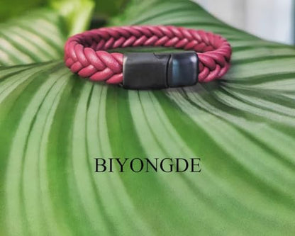 Handmade Braided Leather Bracelet, Black Stainless Steel Clasp, Mens, Cool Classic Stylish - color: Burgundy