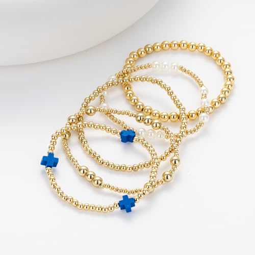 Gold Beaded Pearl Cross Bracelets Stackable Christian Stretch Jewelry Set - color: Royal Blue