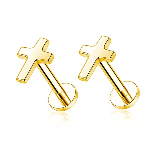 Top Cross Faith Labret Cartilage Helix Stud Earrings Stainless Steel Tragus Nose Studs Earring Monroe Lip Rings Bar 6mm 8mm Medusa Piercing Body Jewelry Gifts for Women Girls Men 16G - color: Gold,8mm
