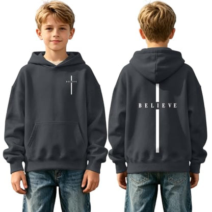 Fkatuzi Christian Graphic Hoodies For Boys Cross Sweatshirt Kids Jesus Hoodie Faith God Religious Bible Verse Believe Tops - color: Deep Gray, size: 9-10 Years
