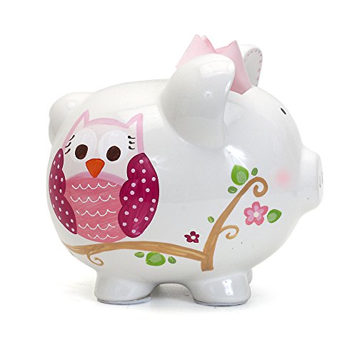 Child to Cherish Ceramic Piggy Bank for Girls, Pink Dotted Owl - color: Pink Dotted Owl
