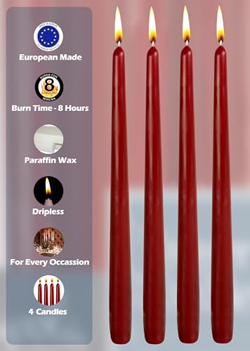 Hyoola Tall Taper Candles - 10 Inch Burgundy Unscented Dripless Taper Candles - 8 Hour Burn Time - 4 Pack - color: Burgundy, size: 10 Inch