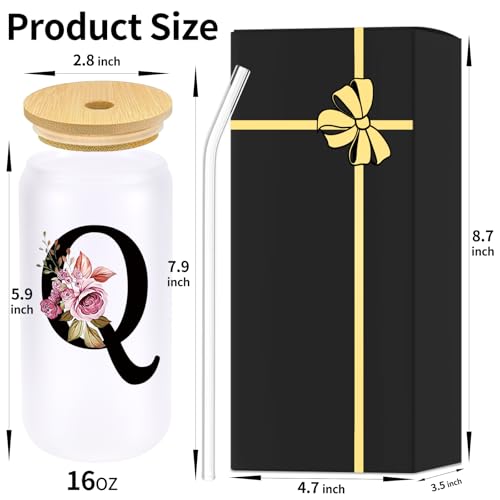 Monogrammed Glass Drinking Cup With Lid Straw New Mom Dad after Birth First Gifts Time Mama Parents Announcement Nurse Newborn Pregnancy Wife Maternity Expecting Gender Neutral Cool Funny Present,Q - style: Letter Q