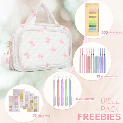 Bible Cover Case for Women Bible Study Supplies Church Camp Essentials Christian Gifts for Women Journaling Kit Quilted Large Bible Book Sleeve (Pink Bow, Large) - color: Pink Bow