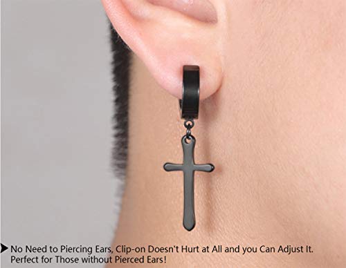 Non-pierced Earrings Set for Men Women Cross Titanium Steel Hoop Dangle Clip On Earring - style: Black