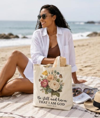 Christian Bible Verse Tote Bag for Women Faith Church - color: Be Still