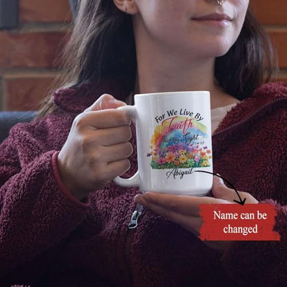 Novelty Christian Themed Mug, Customized Name Rainbow And Flowers Design Cup, Custom Christian Bible Verse Cup, Personalized Christian Mug For Adult, Religious Cup 11Oz Or 15Oz - color: TRI-1223-1152-FOR WE LIVE BY FAITH MUG