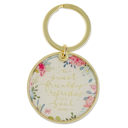 Christian Art Gifts Metal Inspirational Scripture Keychains for Men & Women: Round Sturdy Multicolor Encouraging Keyrings - color: Sweet Friendship/Pink Floral & Gold