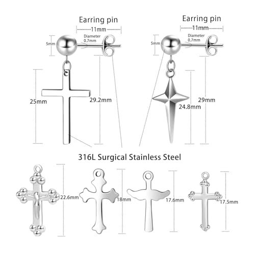 6 Pairs Silver Dangle Cross Earrings for Women, Small Hypoallergenic Stainless Steel Stud Earrings for Men Drop