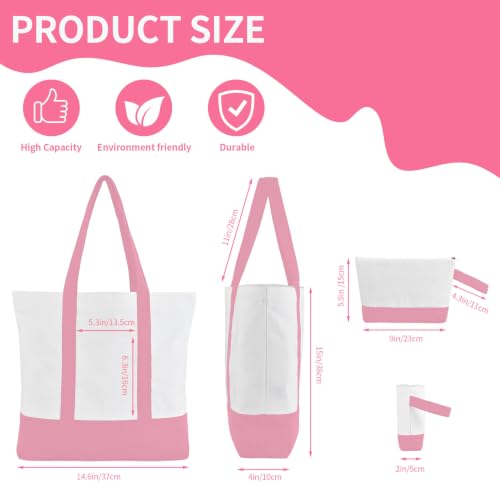 2-Pack Canvas Tote Bags and Makeup Bags, Cotton Zipper Bag, Pink - color: Pink/White