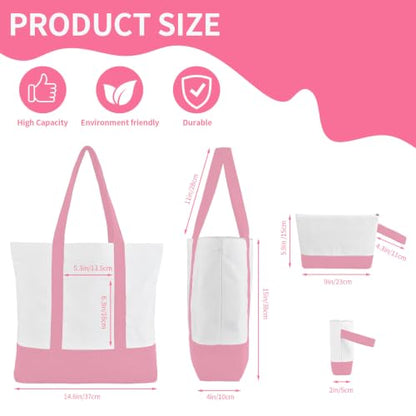 2-Pack Canvas Tote Bags and Makeup Bags, Cotton Zipper Bag, Pink - color: Pink/White