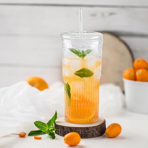 Joeyan 22 oz Glass Tumbler with Straw and Lid for Iced Tea Coffee Smoothie Water Juice Beverages Soda,Clear Borosilicate Glasses Cups,Ribbed Drinking Jar,Set of 2,Dishwasher Safe - color: Clear glass tumbler