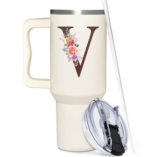 Personalized Gifts for Women, Customized Mother's Day, Birthday, Xmas Gift For Grandma, Mom, Wife, Friends, Sisters, Coworkers, Monogrammed Tumbler 40oz with Lid and Straw - color: V