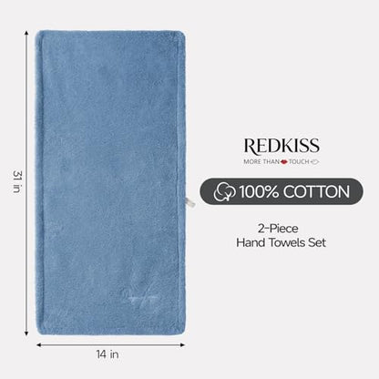 REDKISS Blue Hand Towels, Soft & Absorbent 100% Cotton for Bathroom, Kitchen & Guest Use, 14" x 31", 2-Pack - color: Blue