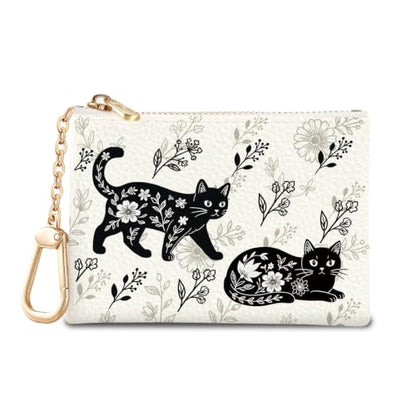 Cat Floral Keychain Coin Purse for Women, Small Change Pouch - color: Cat Flower